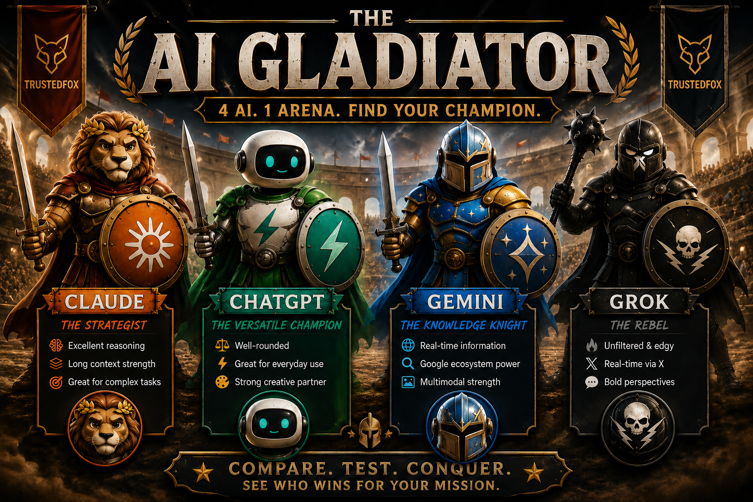 The AI Gladiators — Claude, ChatGPT, Gemini, and Grok